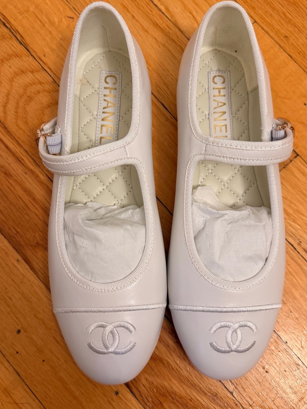 CHANEL Cream Quilted Mary Jane Flats with CC Stitching